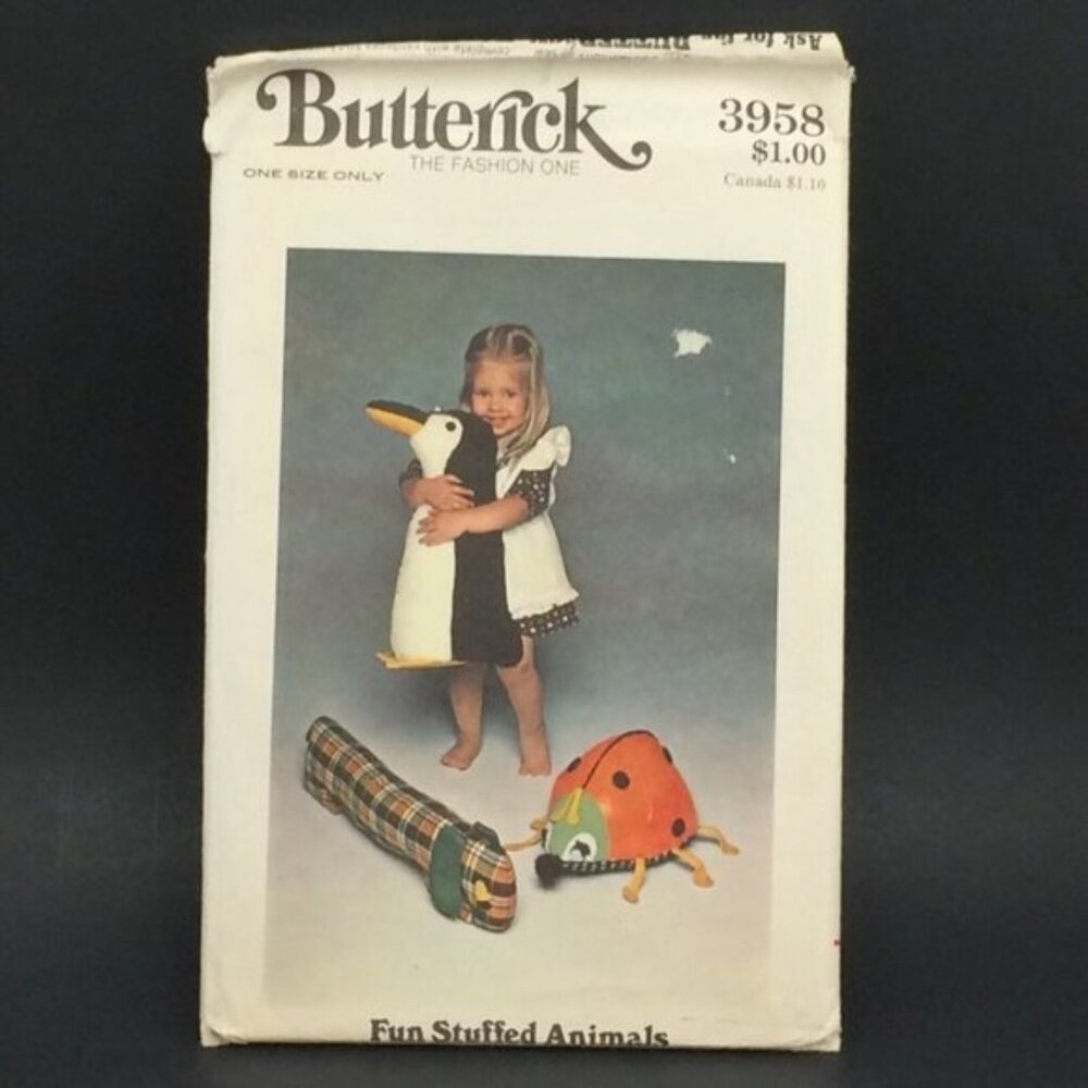 Vtg Butterick 3958 Fun Stuffed Animals Pattern Uncut Ladybug Penguin Weiner Dog